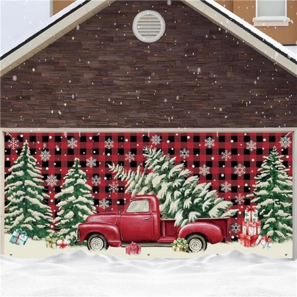 Christmas Garage Door Banner Large Red Black Buffalo Plaid...